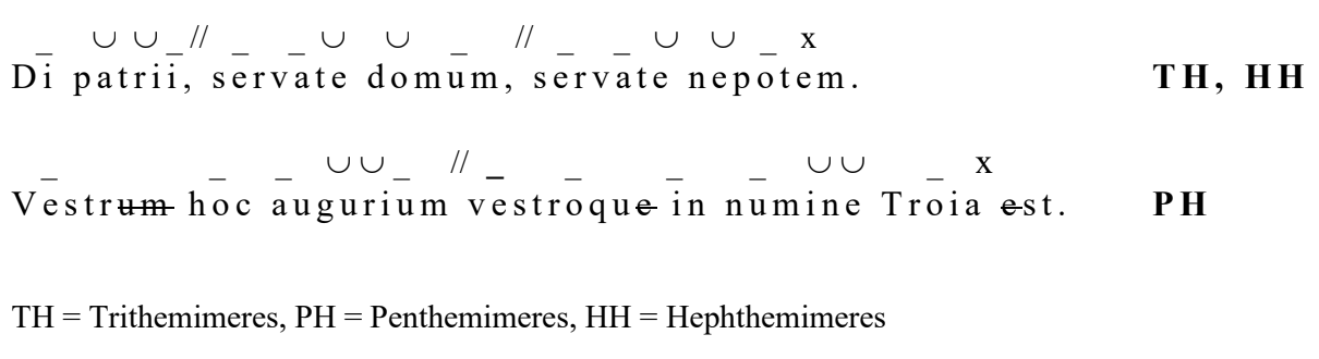 Lateinischer Vers mit Betonungszeichen, metrischen Markierungen und den Kürzeln TH, PH, HH sowie kurzer Erklärung